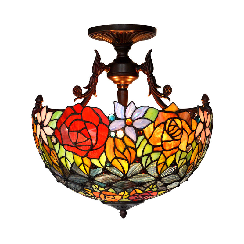 Bronze Blossom Semi Flush Mediterranean 3 Lights Red/Orange/Green Cut Glass Ceiling Mount for Living Room Clearhalo 'Ceiling Lights' 'Chandeliers' 'Close To Ceiling Lights' 'Close to ceiling' 'Glass shade' 'Glass' 'Semi-flushmount' 'Tiffany close to ceiling' 'Tiffany' Lighting' 331141