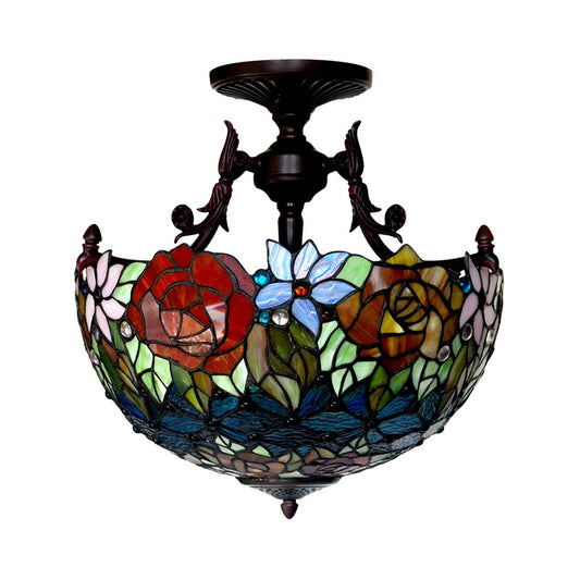 Bronze Blossom Semi Flush Mediterranean 3 Lights Red/Orange/Green Cut Glass Ceiling Mount for Living Room Clearhalo 'Ceiling Lights' 'Chandeliers' 'Close To Ceiling Lights' 'Close to ceiling' 'Glass shade' 'Glass' 'Semi-flushmount' 'Tiffany close to ceiling' 'Tiffany' Lighting' 331142