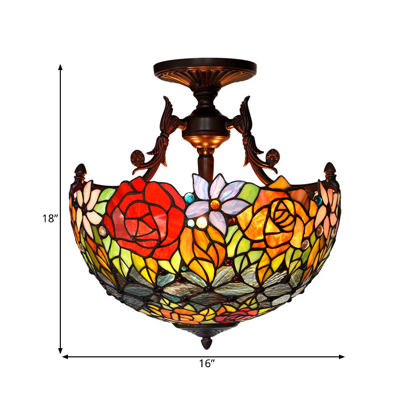 Bronze Blossom Semi Flush Mediterranean 3 Lights Red/Orange/Green Cut Glass Ceiling Mount for Living Room Clearhalo 'Ceiling Lights' 'Chandeliers' 'Close To Ceiling Lights' 'Close to ceiling' 'Glass shade' 'Glass' 'Semi-flushmount' 'Tiffany close to ceiling' 'Tiffany' Lighting' 331143