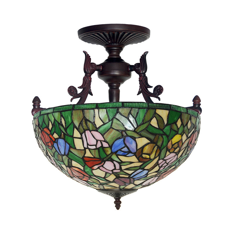 Bronze Blossom Semi Flush Mediterranean 3 Lights Red/Orange/Green Cut Glass Ceiling Mount for Living Room Clearhalo 'Ceiling Lights' 'Chandeliers' 'Close To Ceiling Lights' 'Close to ceiling' 'Glass shade' 'Glass' 'Semi-flushmount' 'Tiffany close to ceiling' 'Tiffany' Lighting' 331145