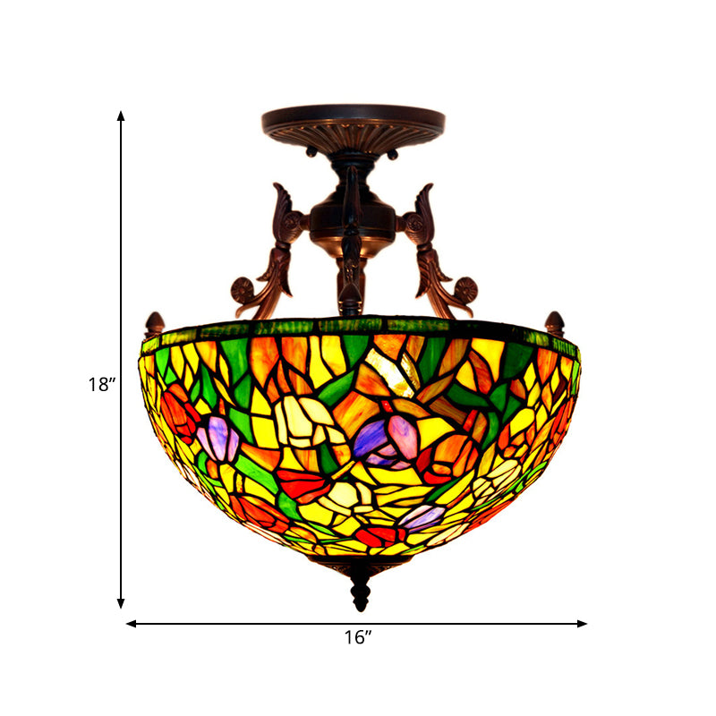 Bronze Blossom Semi Flush Mediterranean 3 Lights Red/Orange/Green Cut Glass Ceiling Mount for Living Room Clearhalo 'Ceiling Lights' 'Chandeliers' 'Close To Ceiling Lights' 'Close to ceiling' 'Glass shade' 'Glass' 'Semi-flushmount' 'Tiffany close to ceiling' 'Tiffany' Lighting' 331146