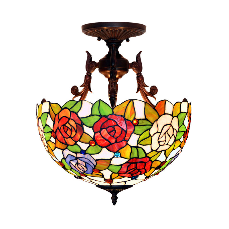 Bronze Blossom Semi Flush Mediterranean 3 Lights Red/Orange/Green Cut Glass Ceiling Mount for Living Room Red Clearhalo 'Ceiling Lights' 'Chandeliers' 'Close To Ceiling Lights' 'Close to ceiling' 'Glass shade' 'Glass' 'Semi-flushmount' 'Tiffany close to ceiling' 'Tiffany' Lighting' 331147