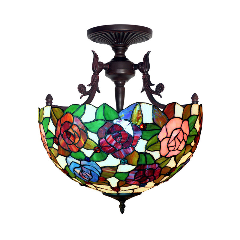 Bronze Blossom Semi Flush Mediterranean 3 Lights Red/Orange/Green Cut Glass Ceiling Mount for Living Room Clearhalo 'Ceiling Lights' 'Chandeliers' 'Close To Ceiling Lights' 'Close to ceiling' 'Glass shade' 'Glass' 'Semi-flushmount' 'Tiffany close to ceiling' 'Tiffany' Lighting' 331148