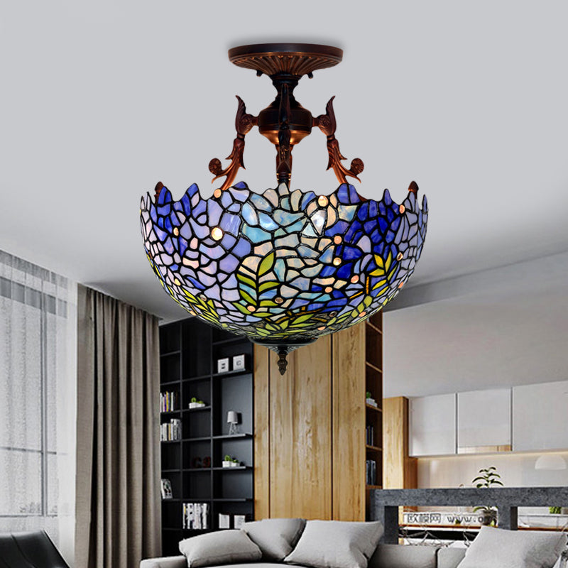 3 Lights Domed Semi Mount Lighting Victorian Blue/Light Blue Stained Glass Ceiling Light Fixture for Kitchen Clearhalo 'Ceiling Lights' 'Close To Ceiling Lights' 'Close to ceiling' 'Glass shade' 'Glass' 'Pendant Lights' 'Semi-flushmount' 'Tiffany close to ceiling' 'Tiffany' Lighting' 331159