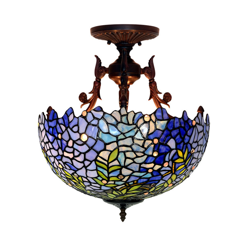 3 Lights Domed Semi Mount Lighting Victorian Blue/Light Blue Stained Glass Ceiling Light Fixture for Kitchen Clearhalo 'Ceiling Lights' 'Close To Ceiling Lights' 'Close to ceiling' 'Glass shade' 'Glass' 'Pendant Lights' 'Semi-flushmount' 'Tiffany close to ceiling' 'Tiffany' Lighting' 331160