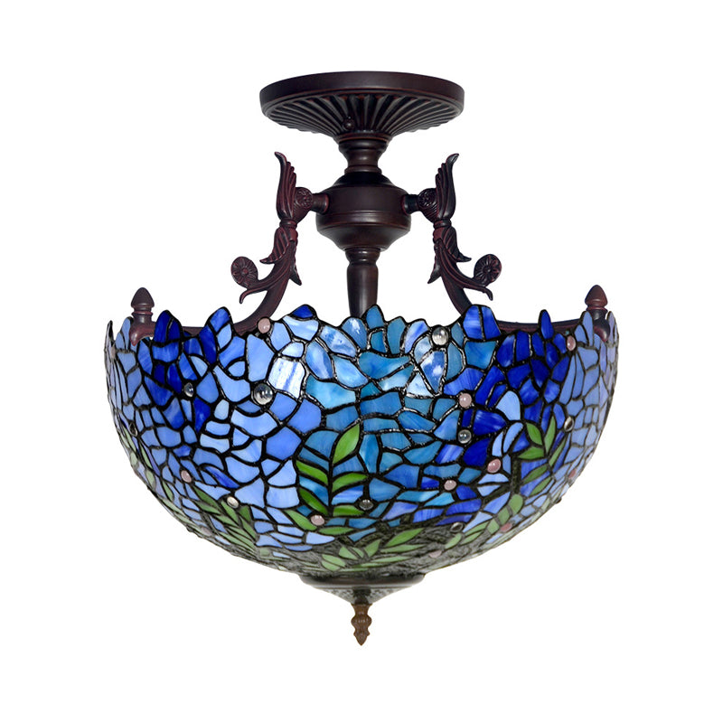 3 Lights Domed Semi Mount Lighting Victorian Blue/Light Blue Stained Glass Ceiling Light Fixture for Kitchen Clearhalo 'Ceiling Lights' 'Close To Ceiling Lights' 'Close to ceiling' 'Glass shade' 'Glass' 'Pendant Lights' 'Semi-flushmount' 'Tiffany close to ceiling' 'Tiffany' Lighting' 331161