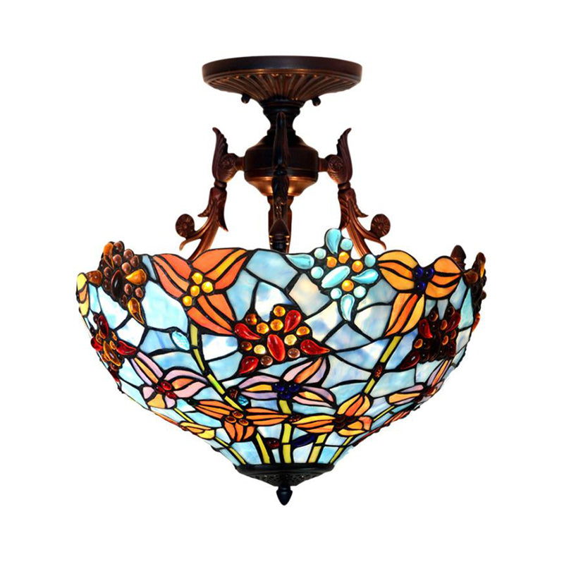 3 Lights Domed Semi Mount Lighting Victorian Blue/Light Blue Stained Glass Ceiling Light Fixture for Kitchen Light Blue Clearhalo 'Ceiling Lights' 'Close To Ceiling Lights' 'Close to ceiling' 'Glass shade' 'Glass' 'Pendant Lights' 'Semi-flushmount' 'Tiffany close to ceiling' 'Tiffany' Lighting' 331163