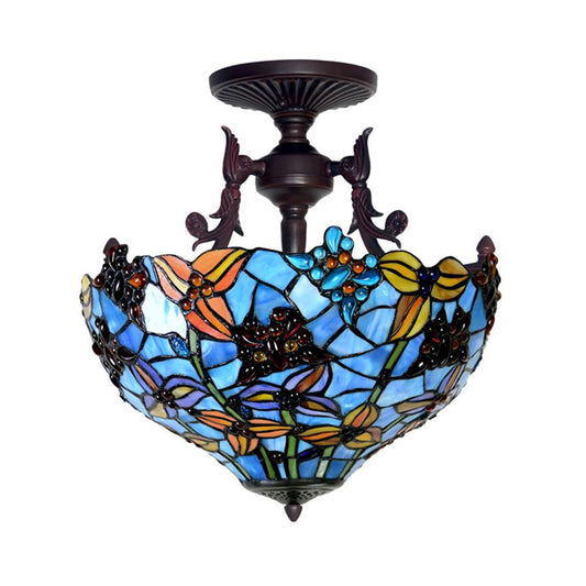 3 Lights Domed Semi Mount Lighting Victorian Blue/Light Blue Stained Glass Ceiling Light Fixture for Kitchen Clearhalo 'Ceiling Lights' 'Close To Ceiling Lights' 'Close to ceiling' 'Glass shade' 'Glass' 'Pendant Lights' 'Semi-flushmount' 'Tiffany close to ceiling' 'Tiffany' Lighting' 331164
