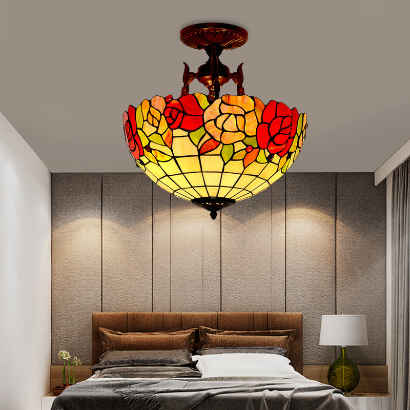 3 Lights Semi Flush Mediterranean Flower White/Red/Yellow Stained Glass Ceiling Mounted Light for Bedroom Yellow Clearhalo 'Ceiling Lights' 'Chandeliers' 'Close To Ceiling Lights' 'Close to ceiling' 'Glass shade' 'Glass' 'Semi-flushmount' 'Tiffany close to ceiling' 'Tiffany' Lighting' 331194