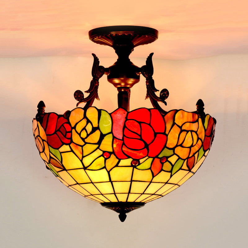 3 Lights Semi Flush Mediterranean Flower White/Red/Yellow Stained Glass Ceiling Mounted Light for Bedroom Clearhalo 'Ceiling Lights' 'Chandeliers' 'Close To Ceiling Lights' 'Close to ceiling' 'Glass shade' 'Glass' 'Semi-flushmount' 'Tiffany close to ceiling' 'Tiffany' Lighting' 331196