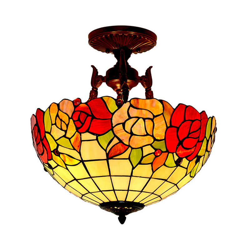 3 Lights Semi Flush Mediterranean Flower White/Red/Yellow Stained Glass Ceiling Mounted Light for Bedroom Clearhalo 'Ceiling Lights' 'Chandeliers' 'Close To Ceiling Lights' 'Close to ceiling' 'Glass shade' 'Glass' 'Semi-flushmount' 'Tiffany close to ceiling' 'Tiffany' Lighting' 331197