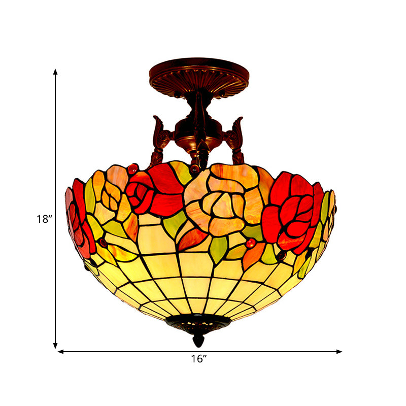3 Lights Semi Flush Mediterranean Flower White/Red/Yellow Stained Glass Ceiling Mounted Light for Bedroom Clearhalo 'Ceiling Lights' 'Chandeliers' 'Close To Ceiling Lights' 'Close to ceiling' 'Glass shade' 'Glass' 'Semi-flushmount' 'Tiffany close to ceiling' 'Tiffany' Lighting' 331198