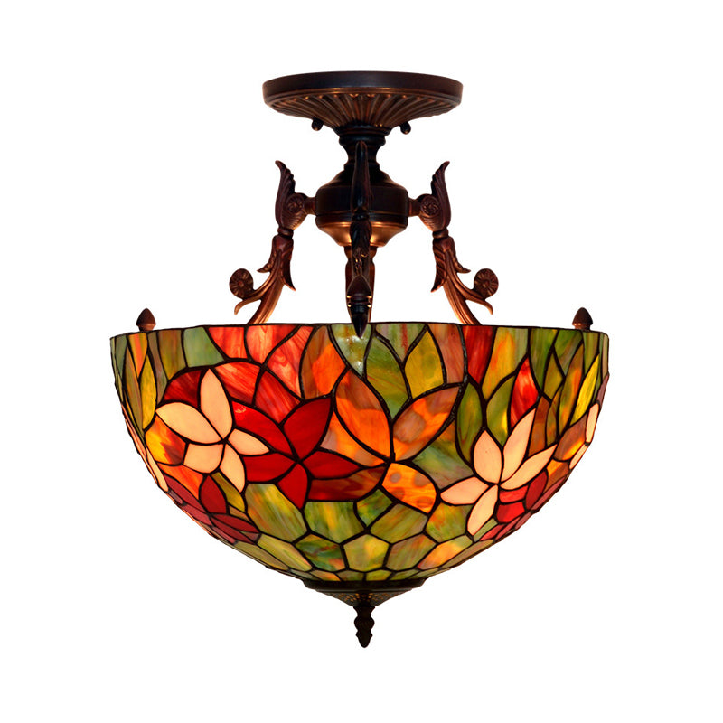 3 Lights Semi Flush Mediterranean Flower White/Red/Yellow Stained Glass Ceiling Mounted Light for Bedroom Red Clearhalo 'Ceiling Lights' 'Chandeliers' 'Close To Ceiling Lights' 'Close to ceiling' 'Glass shade' 'Glass' 'Semi-flushmount' 'Tiffany close to ceiling' 'Tiffany' Lighting' 331199