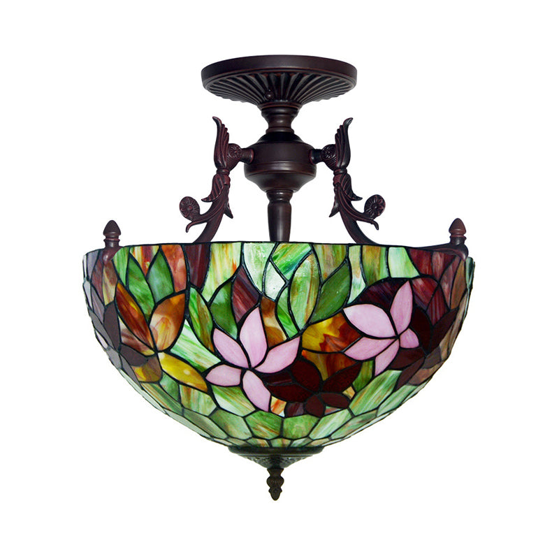 3 Lights Semi Flush Mediterranean Flower White/Red/Yellow Stained Glass Ceiling Mounted Light for Bedroom Clearhalo 'Ceiling Lights' 'Chandeliers' 'Close To Ceiling Lights' 'Close to ceiling' 'Glass shade' 'Glass' 'Semi-flushmount' 'Tiffany close to ceiling' 'Tiffany' Lighting' 331200