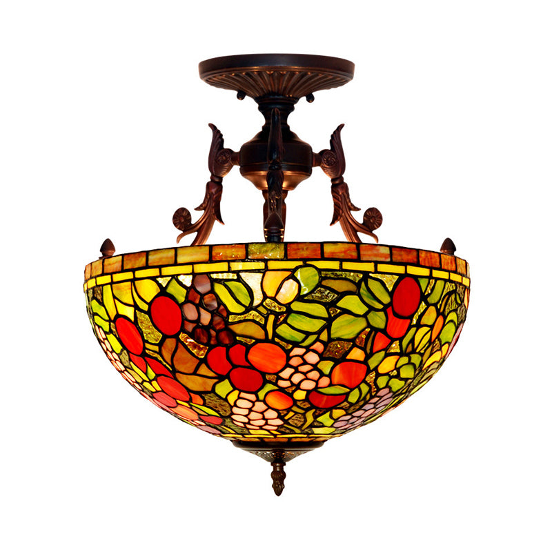 3 Lights Semi Flush Mediterranean Flower White/Red/Yellow Stained Glass Ceiling Mounted Light for Bedroom Green Clearhalo 'Ceiling Lights' 'Chandeliers' 'Close To Ceiling Lights' 'Close to ceiling' 'Glass shade' 'Glass' 'Semi-flushmount' 'Tiffany close to ceiling' 'Tiffany' Lighting' 331202
