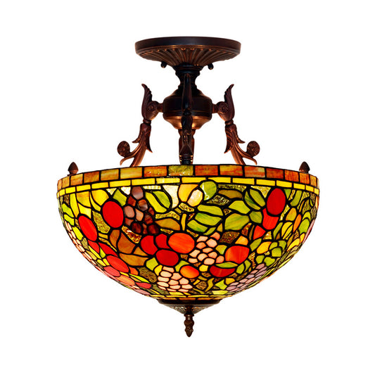 3 Lights Semi Flush Mediterranean Flower White/Red/Yellow Stained Glass Ceiling Mounted Light for Bedroom Green Clearhalo 'Ceiling Lights' 'Chandeliers' 'Close To Ceiling Lights' 'Close to ceiling' 'Glass shade' 'Glass' 'Semi-flushmount' 'Tiffany close to ceiling' 'Tiffany' Lighting' 331202