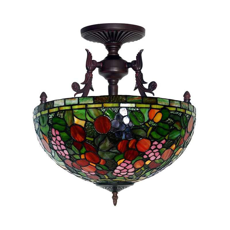 3 Lights Semi Flush Mediterranean Flower White/Red/Yellow Stained Glass Ceiling Mounted Light for Bedroom Clearhalo 'Ceiling Lights' 'Chandeliers' 'Close To Ceiling Lights' 'Close to ceiling' 'Glass shade' 'Glass' 'Semi-flushmount' 'Tiffany close to ceiling' 'Tiffany' Lighting' 331203