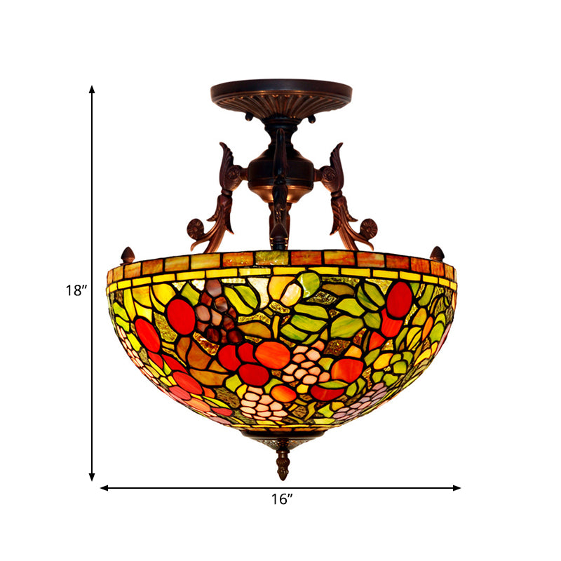 3 Lights Semi Flush Mediterranean Flower White/Red/Yellow Stained Glass Ceiling Mounted Light for Bedroom Clearhalo 'Ceiling Lights' 'Chandeliers' 'Close To Ceiling Lights' 'Close to ceiling' 'Glass shade' 'Glass' 'Semi-flushmount' 'Tiffany close to ceiling' 'Tiffany' Lighting' 331204