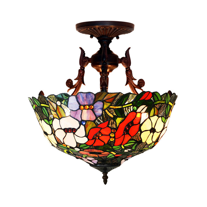 3 Lights Semi Flush Mediterranean Flower White/Red/Yellow Stained Glass Ceiling Mounted Light for Bedroom White Clearhalo 'Ceiling Lights' 'Chandeliers' 'Close To Ceiling Lights' 'Close to ceiling' 'Glass shade' 'Glass' 'Semi-flushmount' 'Tiffany close to ceiling' 'Tiffany' Lighting' 331205