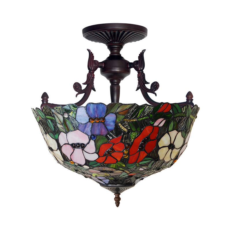 3 Lights Semi Flush Mediterranean Flower White/Red/Yellow Stained Glass Ceiling Mounted Light for Bedroom Clearhalo 'Ceiling Lights' 'Chandeliers' 'Close To Ceiling Lights' 'Close to ceiling' 'Glass shade' 'Glass' 'Semi-flushmount' 'Tiffany close to ceiling' 'Tiffany' Lighting' 331206