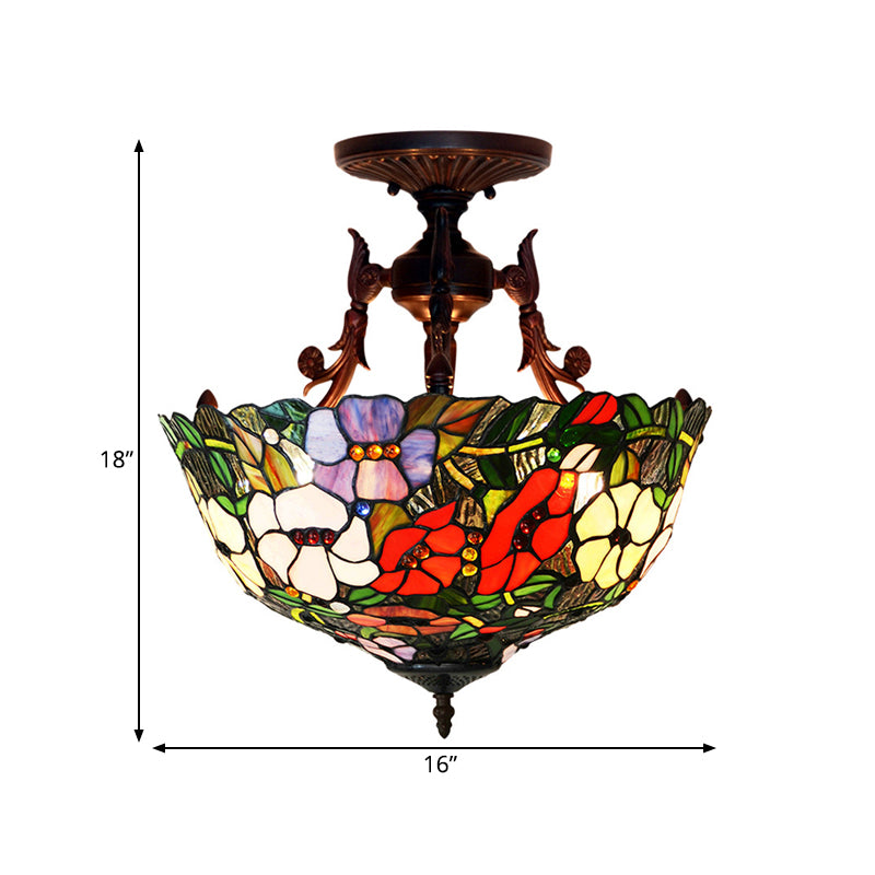 3 Lights Semi Flush Mediterranean Flower White/Red/Yellow Stained Glass Ceiling Mounted Light for Bedroom Clearhalo 'Ceiling Lights' 'Chandeliers' 'Close To Ceiling Lights' 'Close to ceiling' 'Glass shade' 'Glass' 'Semi-flushmount' 'Tiffany close to ceiling' 'Tiffany' Lighting' 331207