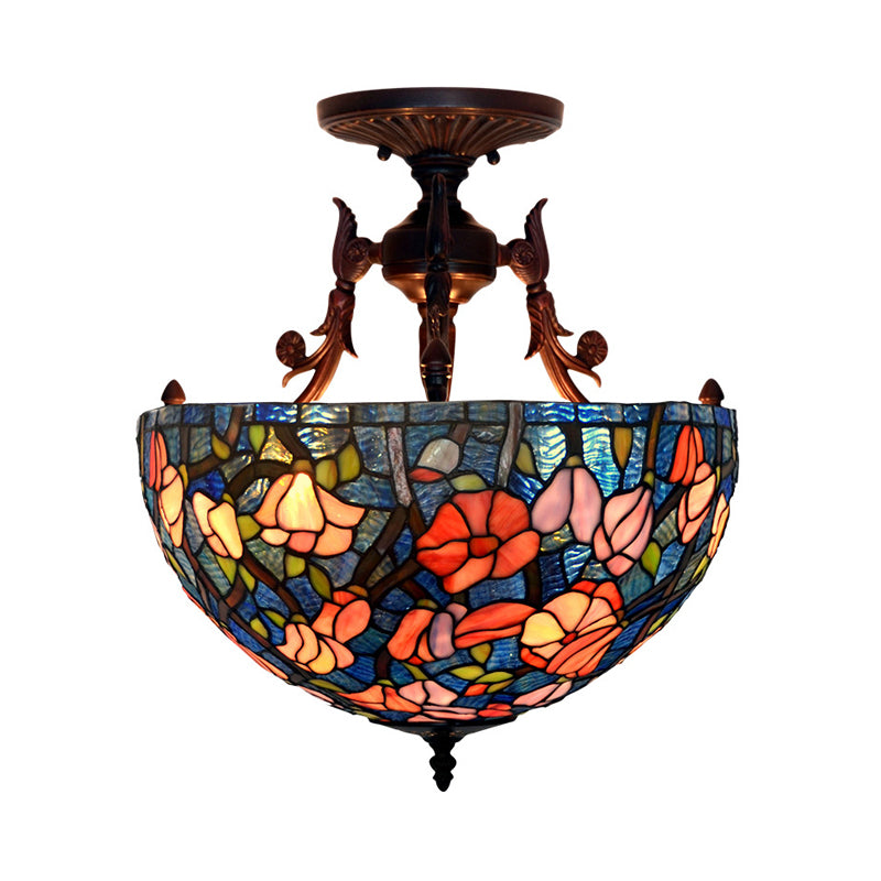 3 Lights Semi Flush Mediterranean Flower White/Red/Yellow Stained Glass Ceiling Mounted Light for Bedroom Blue Clearhalo 'Ceiling Lights' 'Chandeliers' 'Close To Ceiling Lights' 'Close to ceiling' 'Glass shade' 'Glass' 'Semi-flushmount' 'Tiffany close to ceiling' 'Tiffany' Lighting' 331208