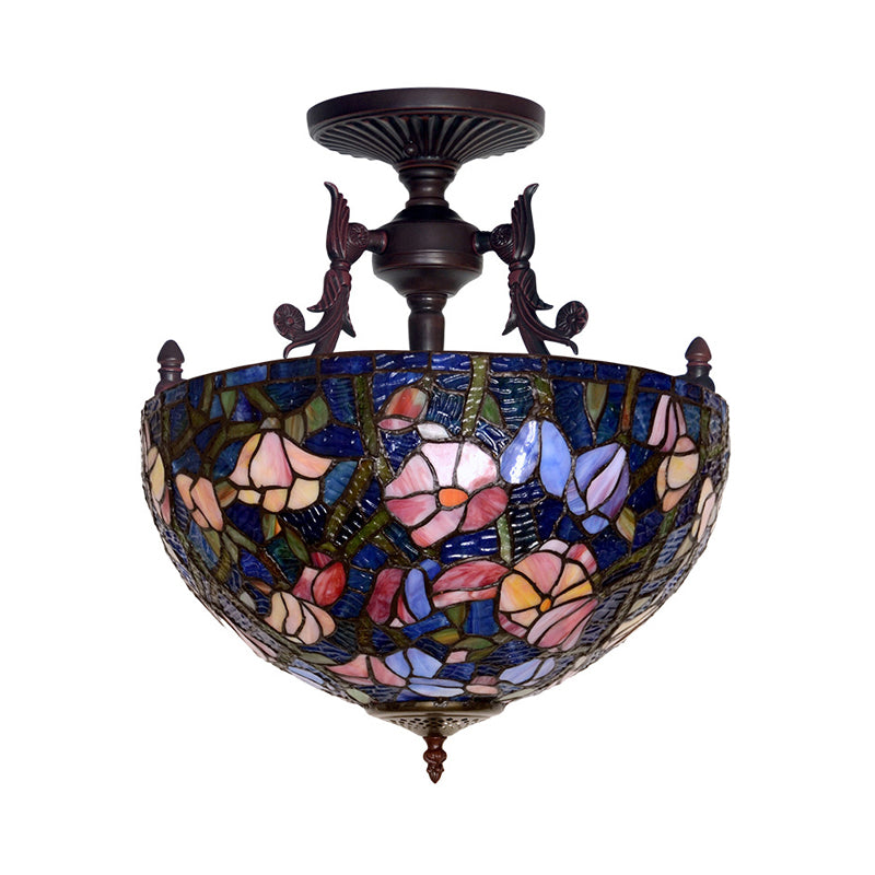 3 Lights Semi Flush Mediterranean Flower White/Red/Yellow Stained Glass Ceiling Mounted Light for Bedroom Clearhalo 'Ceiling Lights' 'Chandeliers' 'Close To Ceiling Lights' 'Close to ceiling' 'Glass shade' 'Glass' 'Semi-flushmount' 'Tiffany close to ceiling' 'Tiffany' Lighting' 331209