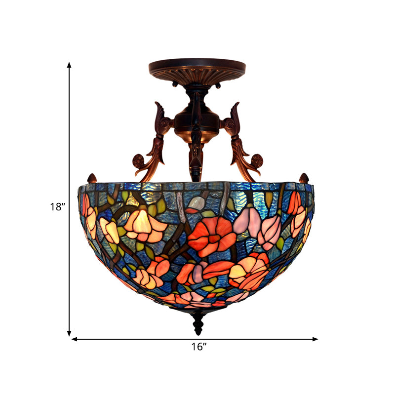 3 Lights Semi Flush Mediterranean Flower White/Red/Yellow Stained Glass Ceiling Mounted Light for Bedroom Clearhalo 'Ceiling Lights' 'Chandeliers' 'Close To Ceiling Lights' 'Close to ceiling' 'Glass shade' 'Glass' 'Semi-flushmount' 'Tiffany close to ceiling' 'Tiffany' Lighting' 331210