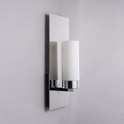 Opal Glass Tube Wall Lighting Modern 1 Head Chrome Sconce Light Fixture with Rectangle Metal Backplate Chrome Clearhalo 'Cast Iron' 'Glass' 'Industrial' 'Modern wall lights' 'Modern' 'Tiffany' 'Traditional wall lights' 'Wall Lamps & Sconces' 'Wall Lights' Lighting' 331240