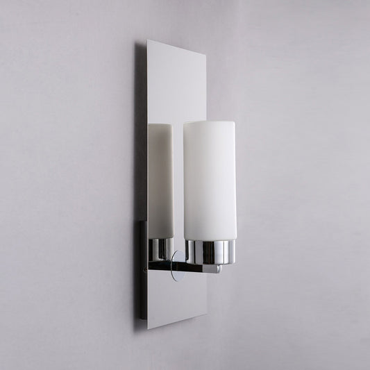 Opal Glass Tube Wall Lighting Modern 1 Head Chrome Sconce Light Fixture with Rectangle Metal Backplate Chrome Clearhalo 'Cast Iron' 'Glass' 'Industrial' 'Modern wall lights' 'Modern' 'Tiffany' 'Traditional wall lights' 'Wall Lamps & Sconces' 'Wall Lights' Lighting' 331240