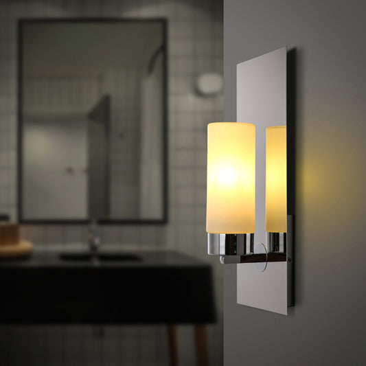 Opal Glass Tube Wall Lighting Modern 1 Head Chrome Sconce Light Fixture with Rectangle Metal Backplate Clearhalo 'Cast Iron' 'Glass' 'Industrial' 'Modern wall lights' 'Modern' 'Tiffany' 'Traditional wall lights' 'Wall Lamps & Sconces' 'Wall Lights' Lighting' 331241