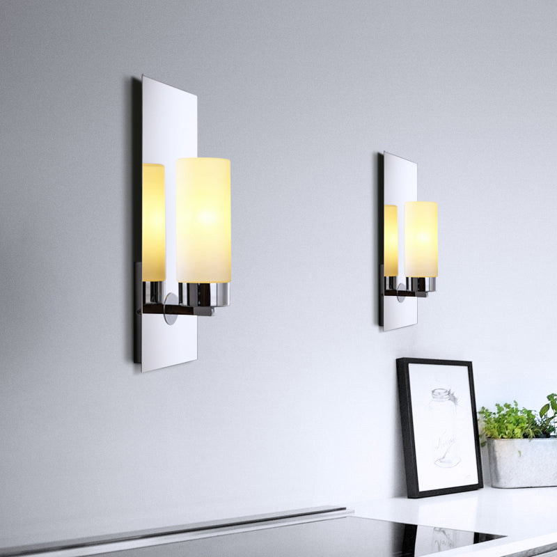 Opal Glass Tube Wall Lighting Modern 1 Head Chrome Sconce Light Fixture with Rectangle Metal Backplate Clearhalo 'Cast Iron' 'Glass' 'Industrial' 'Modern wall lights' 'Modern' 'Tiffany' 'Traditional wall lights' 'Wall Lamps & Sconces' 'Wall Lights' Lighting' 331242