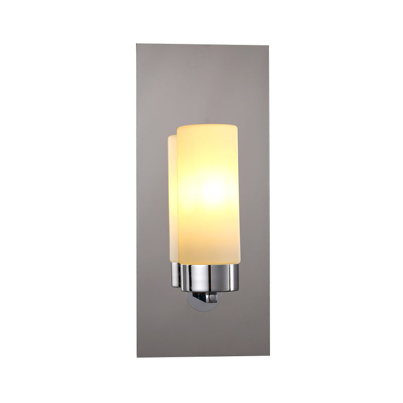 Opal Glass Tube Wall Lighting Modern 1 Head Chrome Sconce Light Fixture with Rectangle Metal Backplate Clearhalo 'Cast Iron' 'Glass' 'Industrial' 'Modern wall lights' 'Modern' 'Tiffany' 'Traditional wall lights' 'Wall Lamps & Sconces' 'Wall Lights' Lighting' 331243