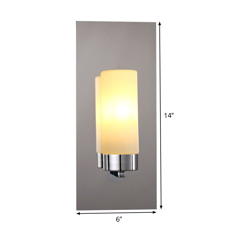 Opal Glass Tube Wall Lighting Modern 1 Head Chrome Sconce Light Fixture with Rectangle Metal Backplate Clearhalo 'Cast Iron' 'Glass' 'Industrial' 'Modern wall lights' 'Modern' 'Tiffany' 'Traditional wall lights' 'Wall Lamps & Sconces' 'Wall Lights' Lighting' 331244