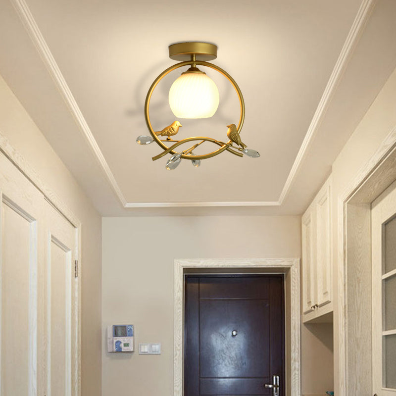 Gold Metal Ring Semi Flush Light with Glass Dome Lampshade Modern 1 Bulb Ceiling Mounted Light Gold with Crystal Clearhalo 'Ceiling Lights' 'Close To Ceiling Lights' 'Close to ceiling' 'Flush mount' Lighting' 331276