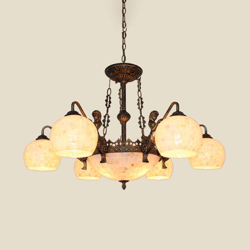 Spherical Shell Ceiling Chandelier Tiffany Style 5/9/11 Lights Bronze Suspension Lighting Clearhalo 'Ceiling Lights' 'Chandeliers' 'Industrial' 'Middle Century Chandeliers' 'Tiffany Chandeliers' 'Tiffany close to ceiling' 'Tiffany' Lighting' 331298