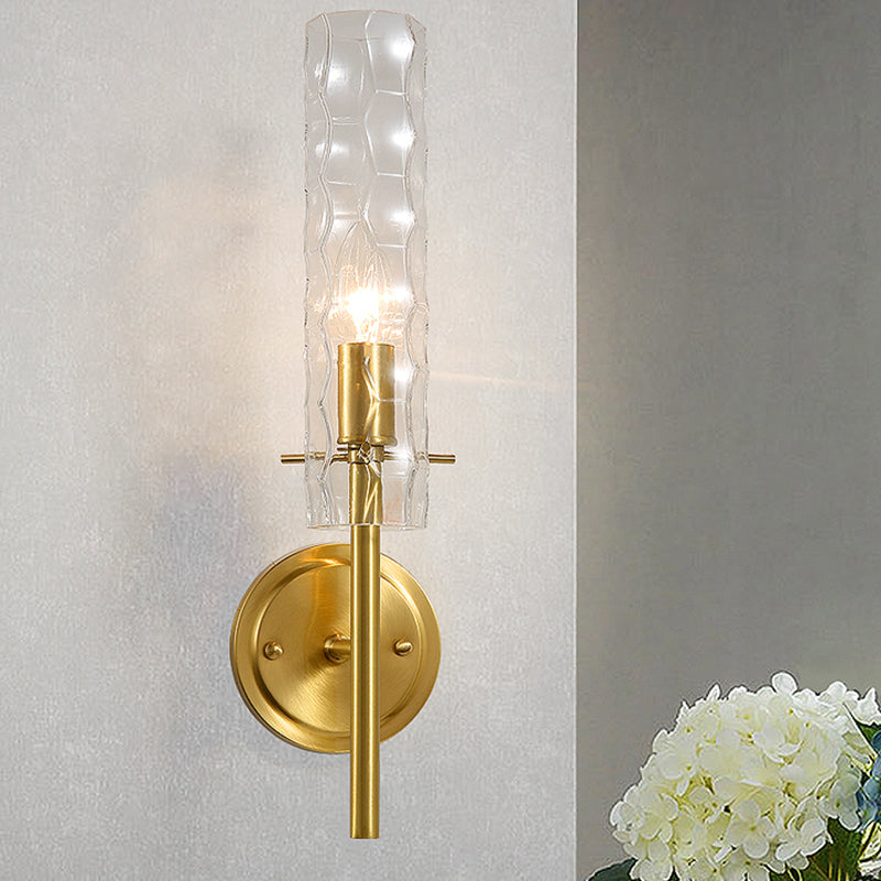 Dimpled Blown Glass Cylinder Wall Lighting Modernism 1 Bulb Brass Sconce Light Fixture Brass Clearhalo 'Cast Iron' 'Glass' 'Industrial' 'Modern wall lights' 'Modern' 'Tiffany' 'Traditional wall lights' 'Wall Lamps & Sconces' 'Wall Lights' Lighting' 331304