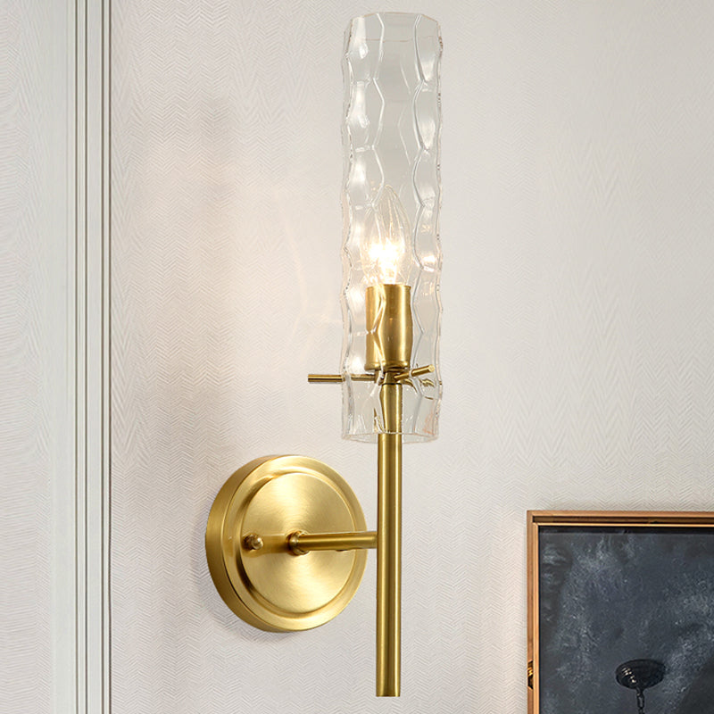 Dimpled Blown Glass Cylinder Wall Lighting Modernism 1 Bulb Brass Sconce Light Fixture Clearhalo 'Cast Iron' 'Glass' 'Industrial' 'Modern wall lights' 'Modern' 'Tiffany' 'Traditional wall lights' 'Wall Lamps & Sconces' 'Wall Lights' Lighting' 331305