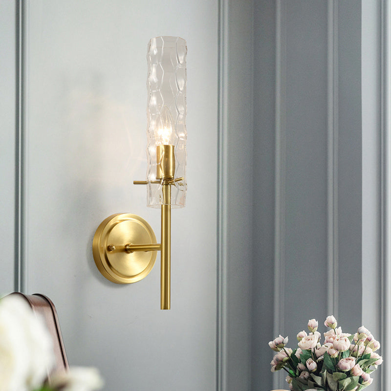 Dimpled Blown Glass Cylinder Wall Lighting Modernism 1 Bulb Brass Sconce Light Fixture Clearhalo 'Cast Iron' 'Glass' 'Industrial' 'Modern wall lights' 'Modern' 'Tiffany' 'Traditional wall lights' 'Wall Lamps & Sconces' 'Wall Lights' Lighting' 331306