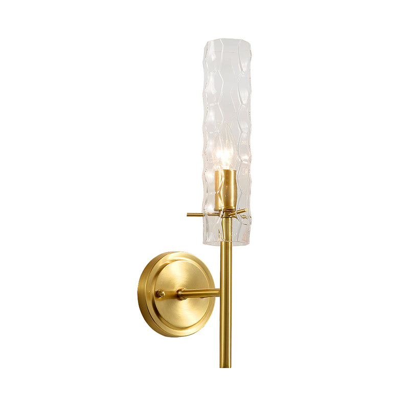 Dimpled Blown Glass Cylinder Wall Lighting Modernism 1 Bulb Brass Sconce Light Fixture Clearhalo 'Cast Iron' 'Glass' 'Industrial' 'Modern wall lights' 'Modern' 'Tiffany' 'Traditional wall lights' 'Wall Lamps & Sconces' 'Wall Lights' Lighting' 331307