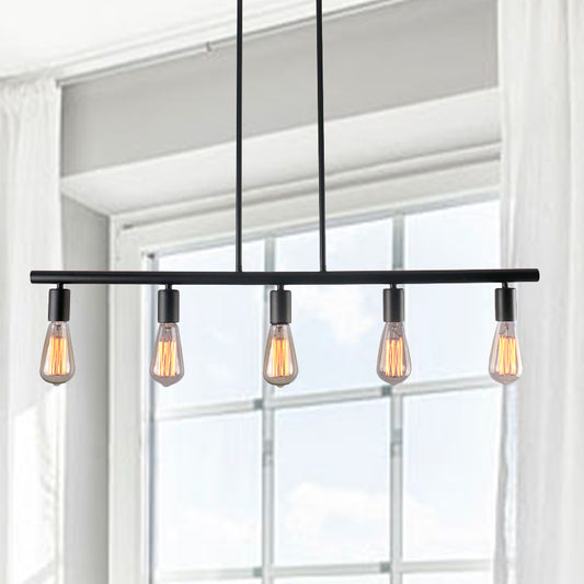 Black Finish Linear Island Lamp Vintage Style 5-Head Metallic Hanging Island Light with Bare Bulb for Dining Room Clearhalo 'Ceiling Lights' 'Island Lights' Lighting' 331329