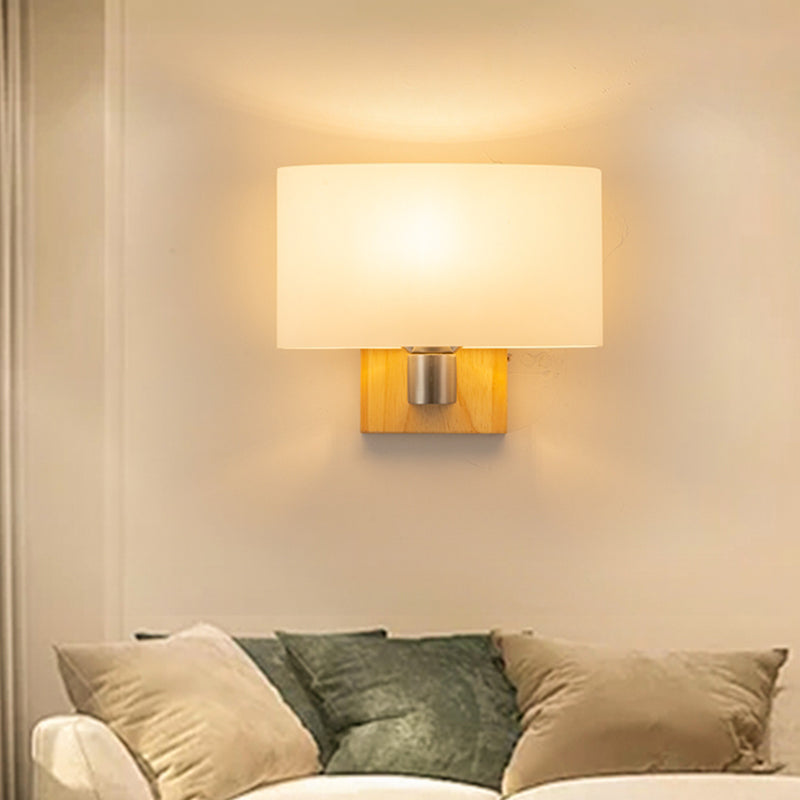 White Glass Oval Wall Lighting Modernist 1 Head Sconce Light Fixture with Rectangle Wood Backplate Clearhalo 'Wall Lamps & Sconces' 'Wall Lights' Lighting' 331339