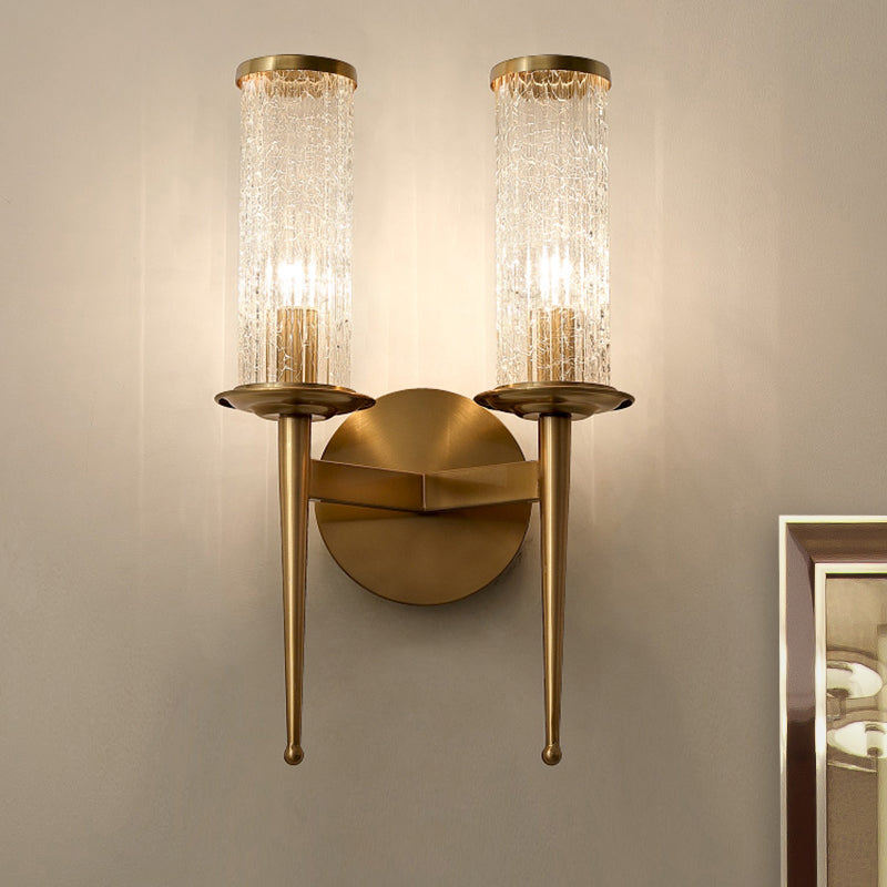 Crackle Glass Gold Wall Lighting Cylinder 1/2 Heads Vintage Wall Light Fixture with Metal Straight Arm 2.0 Gold Clearhalo 'Wall Lamps & Sconces' 'Wall Lights' Lighting' 331551