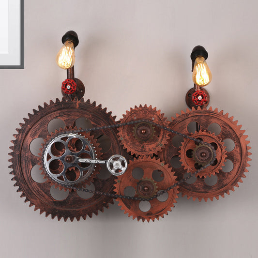 Gear Design Corridor Wall Sconce Lamp Wrought Iron 2 Lights Industrial Wall Light with Bare Bulb in Weathered Copper Weathered Copper Clearhalo 'Art deco wall lights' 'Cast Iron' 'Glass' 'Industrial wall lights' 'Industrial' 'Middle century wall lights' 'Modern' 'Rustic wall lights' 'Tiffany' 'Traditional wall lights' 'Wall Lamps & Sconces' 'Wall Lights' Lighting' 331616