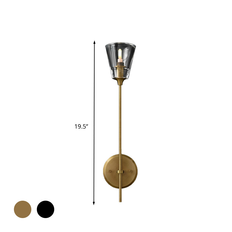 Conical Bathroom Wall Lamp Retro Clear Glass 1/2 Lights Black/Brass LED Wall Mount Lighting Clearhalo 'Wall Lamps & Sconces' 'Wall Lights' Lighting' 331657