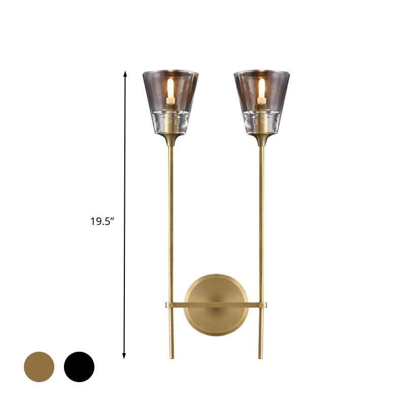 Conical Bathroom Wall Lamp Retro Clear Glass 1/2 Lights Black/Brass LED Wall Mount Lighting Clearhalo 'Wall Lamps & Sconces' 'Wall Lights' Lighting' 331661