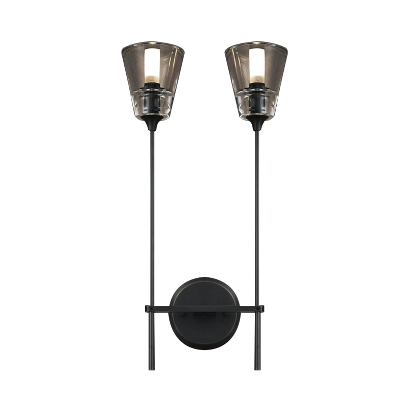 Conical Bathroom Wall Lamp Retro Clear Glass 1/2 Lights Black/Brass LED Wall Mount Lighting Clearhalo 'Wall Lamps & Sconces' 'Wall Lights' Lighting' 331668