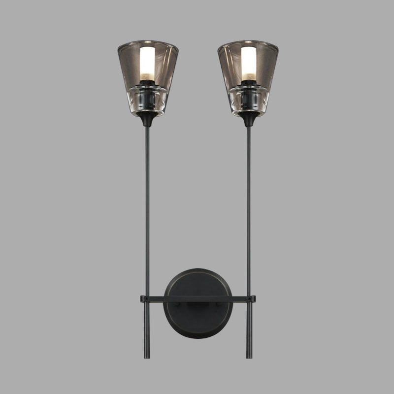 Conical Bathroom Wall Lamp Retro Clear Glass 1/2 Lights Black/Brass LED Wall Mount Lighting Clearhalo 'Wall Lamps & Sconces' 'Wall Lights' Lighting' 331669