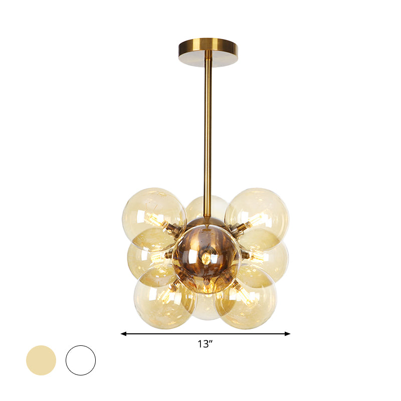 Ball LED Chandelier Pendant Lighting Modern Textured White/Amber Glass 9 Heads Dining Room Hanging Ceiling Lamp Clearhalo 'Ceiling Lights' 'Chandeliers' 'Glass shade' 'Glass' 'Modern Chandeliers' 'Modern' Lighting' 331708