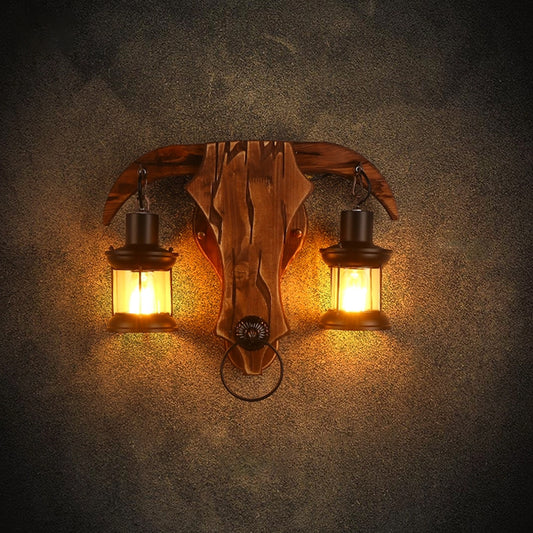 Brown Bull Shaped Sconce Wall Lighting Retro Style 2 Bulbs Wood and Metal Wall Lamp with Lantern Shade Brown Clearhalo 'Art deco wall lights' 'Cast Iron' 'Glass' 'Industrial wall lights' 'Industrial' 'Middle century wall lights' 'Modern' 'Rustic wall lights' 'Tiffany' 'Traditional wall lights' 'Wall Lamps & Sconces' 'Wall Lights' Lighting' 331723